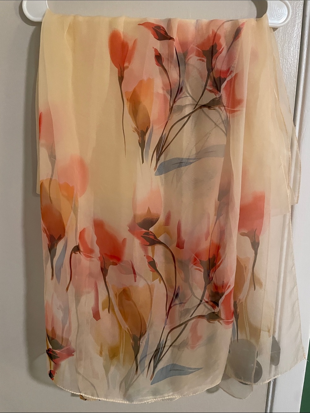 Moma Sheer Floral Scarf in Peach, Coral and Blue-Grey